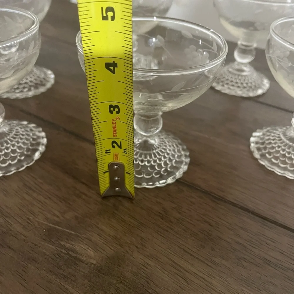 ElSet of 6 Vintage Etched Glass Sherbet Dessert Coupes | Hobnail Pedestal Base